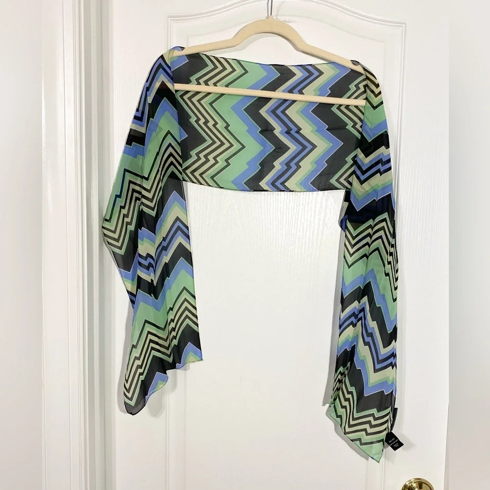 Y2K NY&Co SILK Chevron Rectangular Scarf 64”x9” Green Blue Vintage